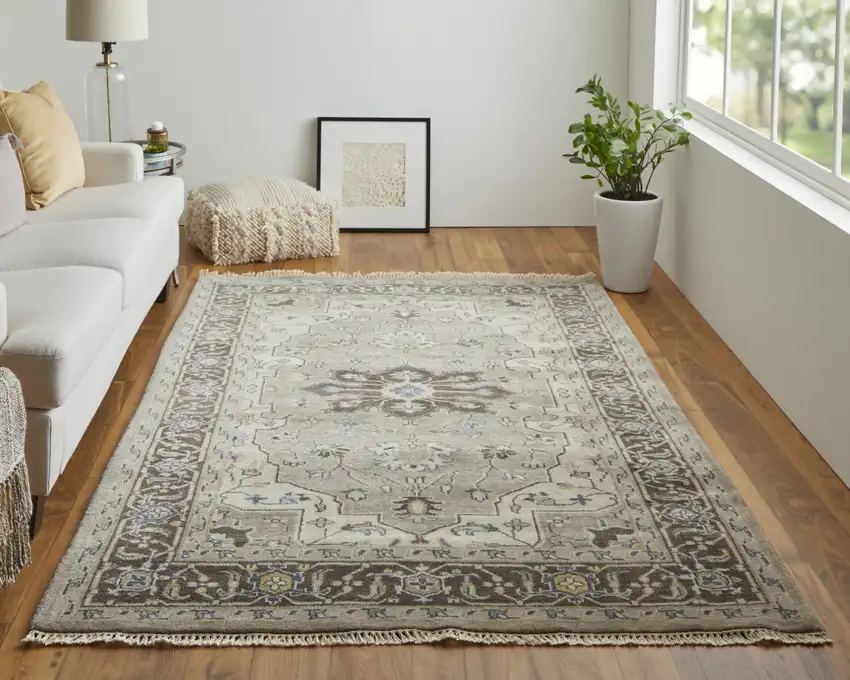 Beige Blue And Gray Wool Medallion Hand Knotted Area Rug Photo 6