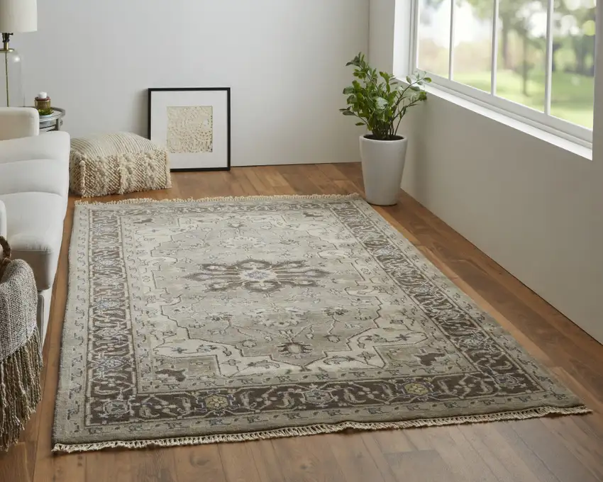Gray Taupe And Blue Wool Floral Hand Knotted Stain Resistant Area Rug Photo 6
