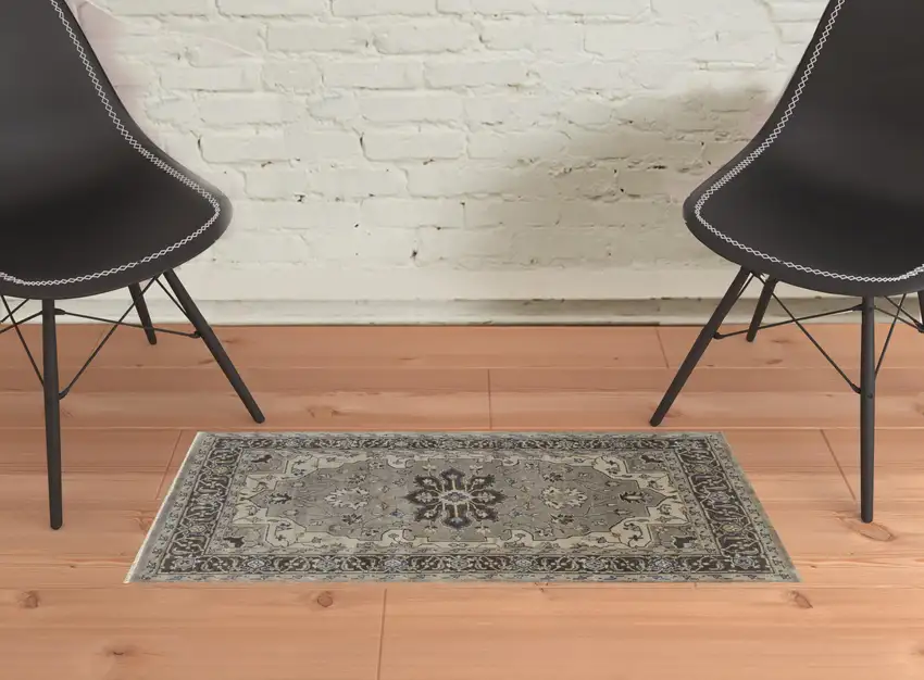 Gray Taupe And Blue Wool Floral Hand Knotted Stain Resistant Area Rug Photo 2
