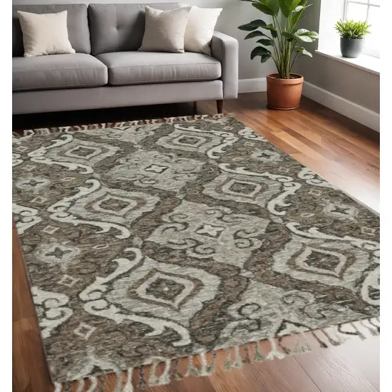 Gray Taupe And Ivory Wool Floral Tufted Handmade Area Rug With Fringe Photo 1