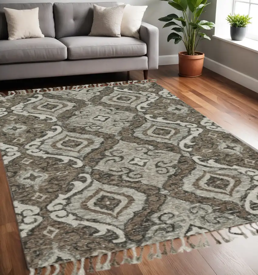 Gray Taupe And Ivory Wool Floral Tufted Handmade Area Rug With Fringe Photo 1