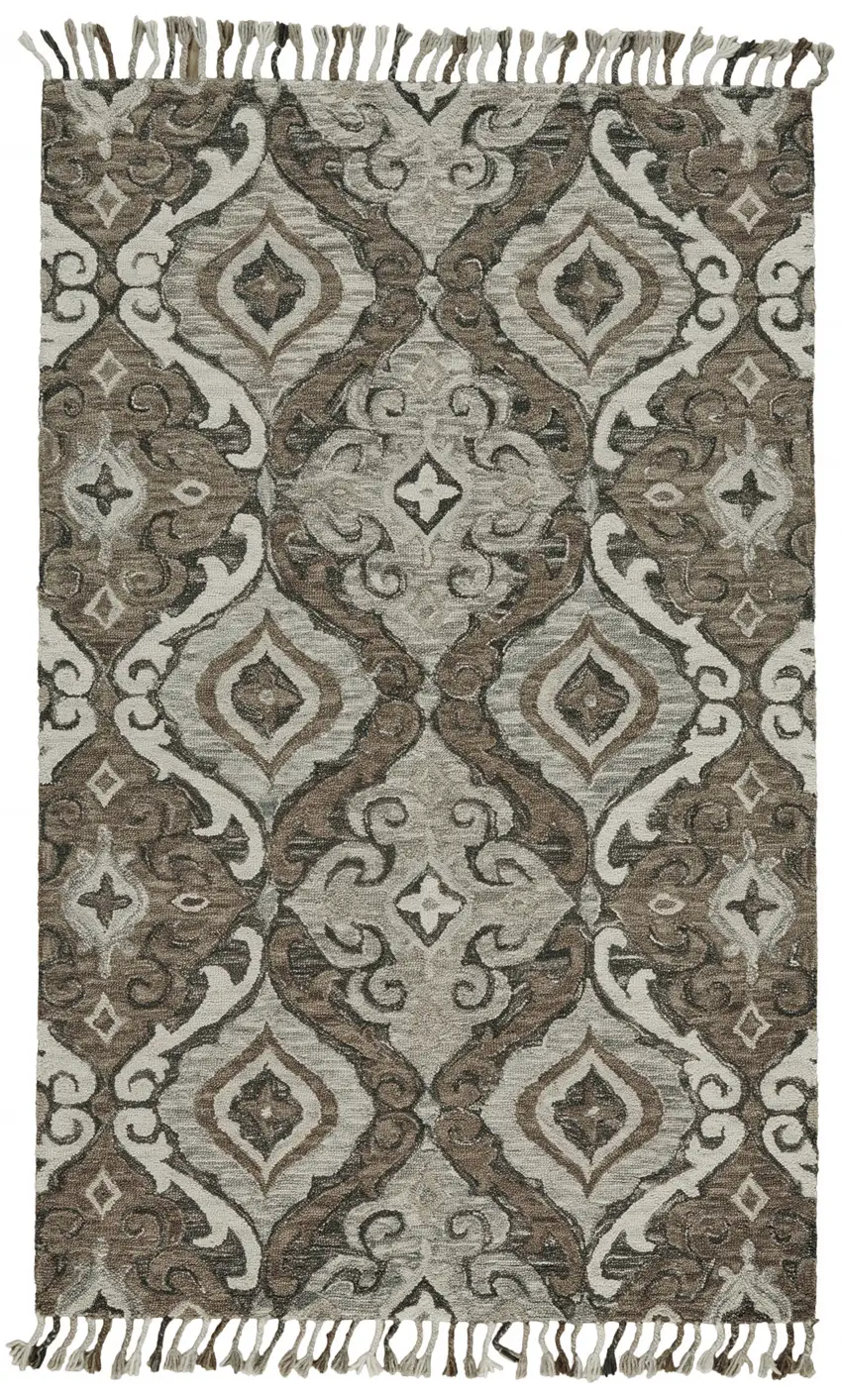 Gray Taupe And Ivory Wool Floral Tufted Handmade Area Rug With Fringe Photo 1