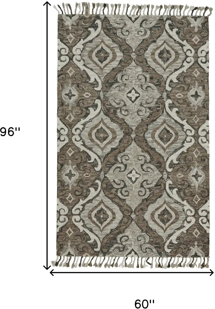 Gray Taupe And Ivory Wool Floral Tufted Handmade Area Rug With Fringe Photo 4