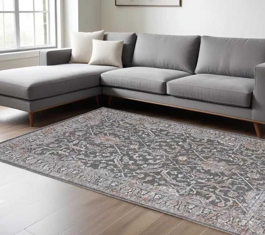 Gray and Ivory Floral Power Loom Area Rug Photo 1