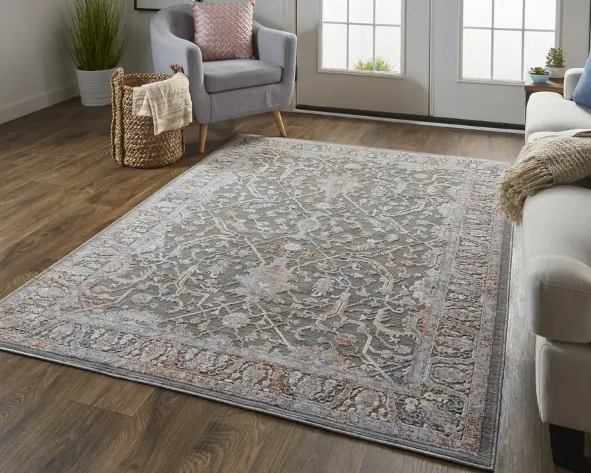 Gray Taupe And Pink Floral Power Loom Area Rug Photo 6