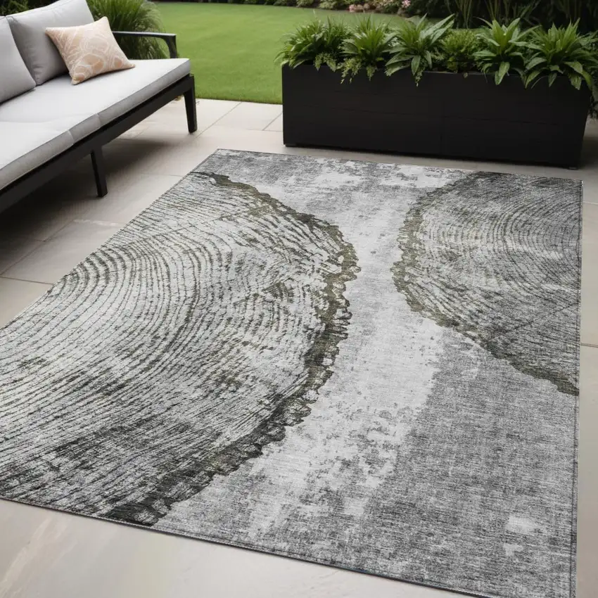 Gray Taupe And Silver Abstract Washable Indoor Outdoor Area Rug Photo 1