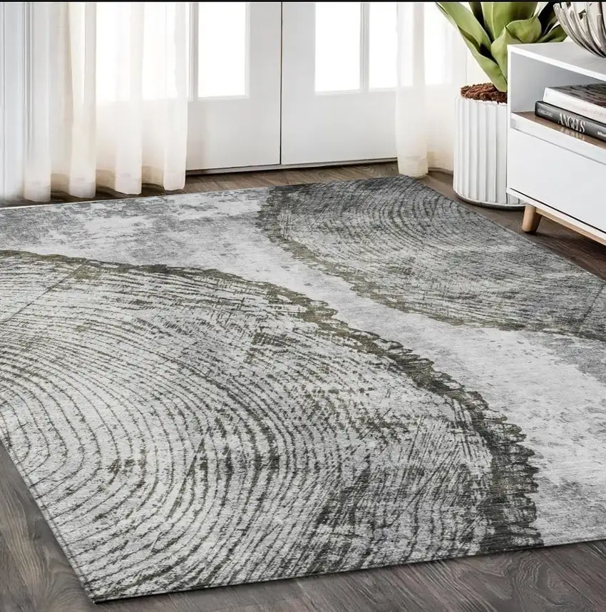 Gray Taupe And Silver Abstract Washable Indoor Outdoor Area Rug Photo 7