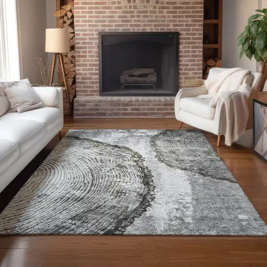 Gray Taupe And Silver Abstract Washable Indoor Outdoor Area Rug Photo 9