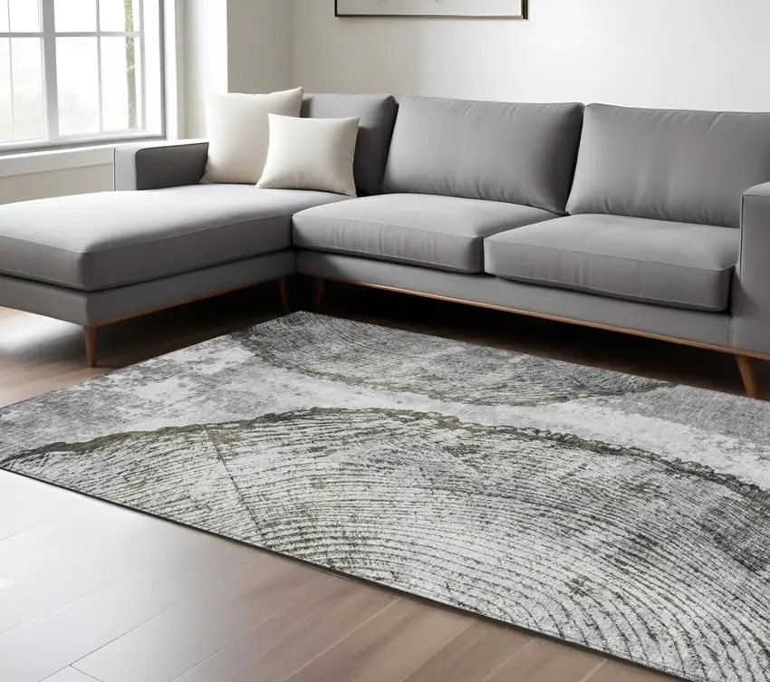 Gray Taupe And Silver Abstract Washable Indoor Outdoor Area Rug Photo 2