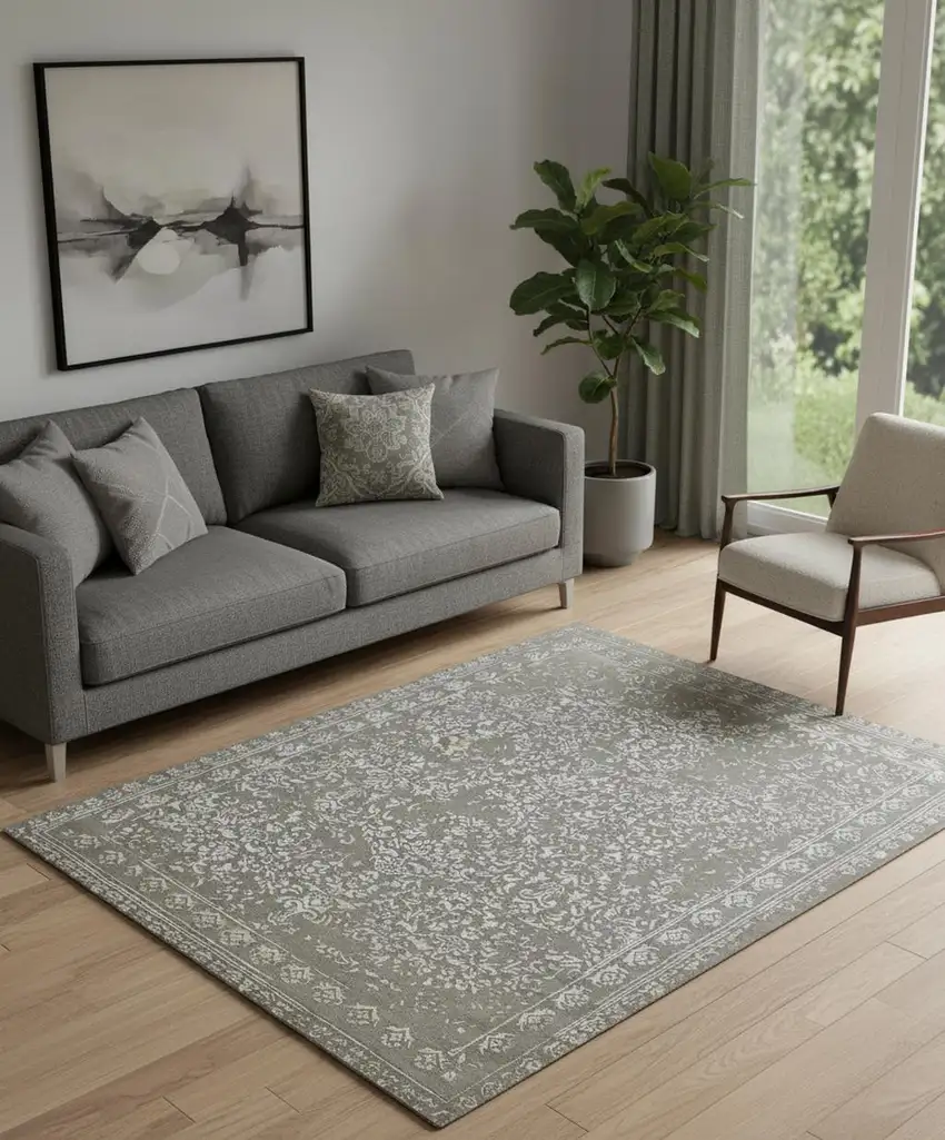 Gray Taupe And Silver Wool Floral Tufted Handmade Distressed Area Rug Photo 1