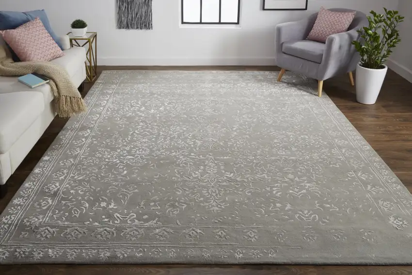 Gray Taupe And Silver Wool Floral Tufted Handmade Distressed Area Rug Photo 6