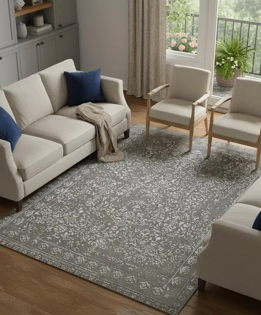 Gray Taupe And Silver Wool Floral Tufted Handmade Distressed Area Rug Photo 1