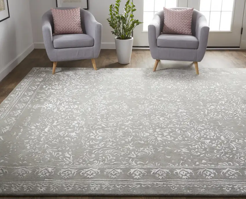 Gray Taupe And Silver Wool Floral Tufted Handmade Distressed Area Rug Photo 8