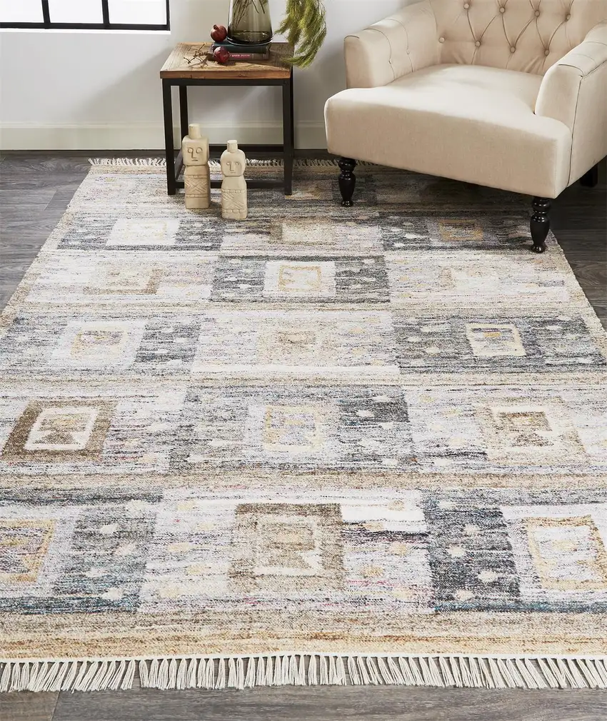 Gray Taupe And Tan Geometric Hand Woven Stain Resistant Area Rug With Fringe Photo 9