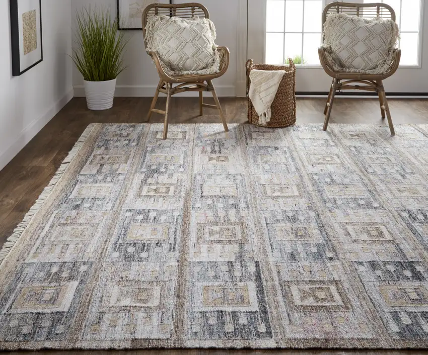 Gray Taupe And Tan Geometric Hand Woven Stain Resistant Area Rug With Fringe Photo 8