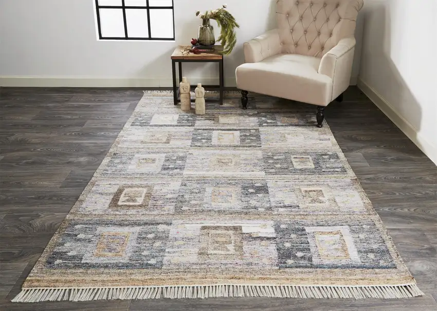 Gray Taupe And Tan Geometric Hand Woven Stain Resistant Area Rug With Fringe Photo 6