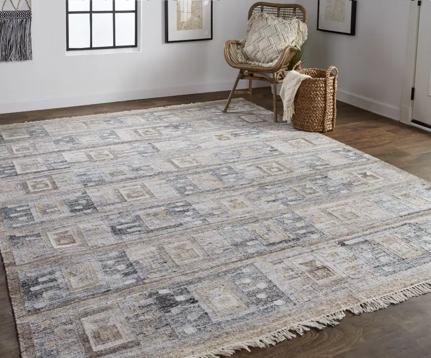Gray Taupe And Tan Geometric Hand Woven Stain Resistant Area Rug With Fringe Photo 7