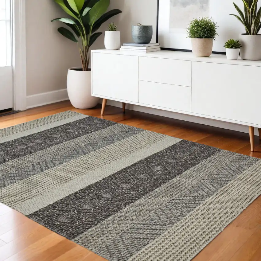Gray Black And Taupe Wool Striped Hand Woven Area Rug Photo 1