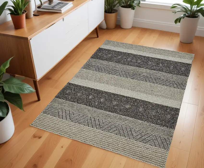 Gray Wool Striped Hand Woven Area Rug Photo 1