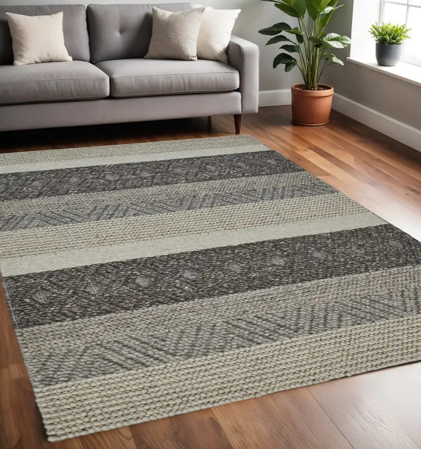 Gray Black And Taupe Wool Striped Hand Woven Area Rug Photo 1