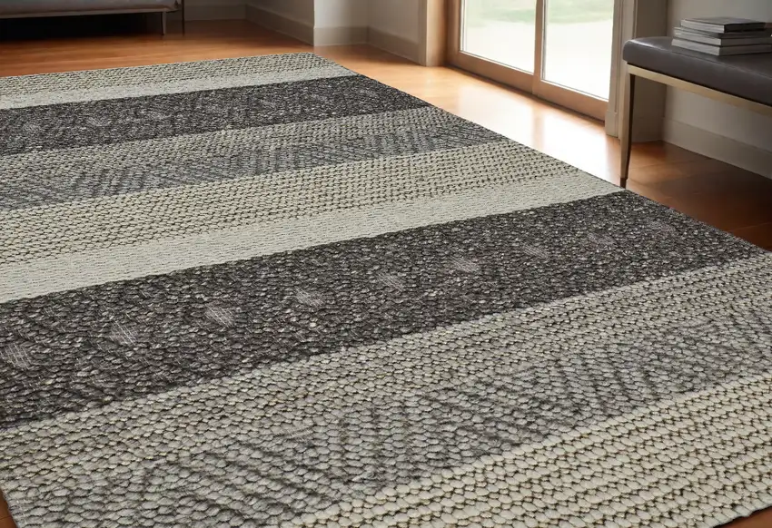 Gray Wool Striped Hand Woven Area Rug Photo 1