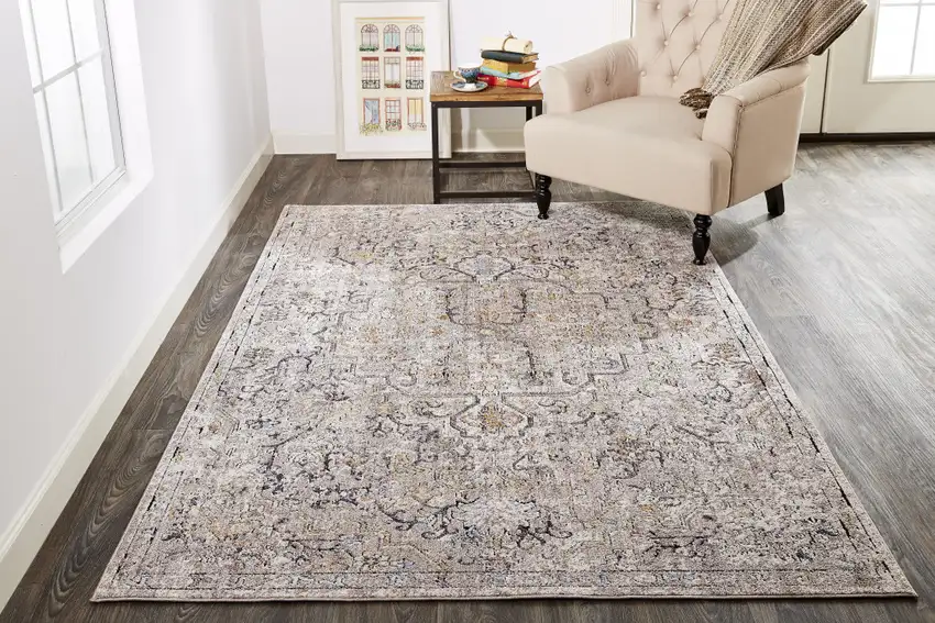 Gray Taupe And Yellow Abstract Stain Resistant Area Rug Photo 9