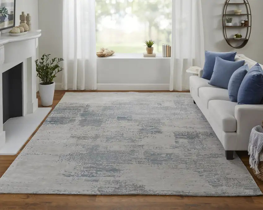 Gray Taupe and Blue Abstract Hand Tufted Area Rug Photo 9