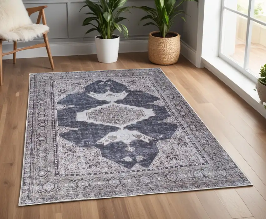 Gray Taupe and Ivory Oriental Power Loom Washable Area Rug Photo 1