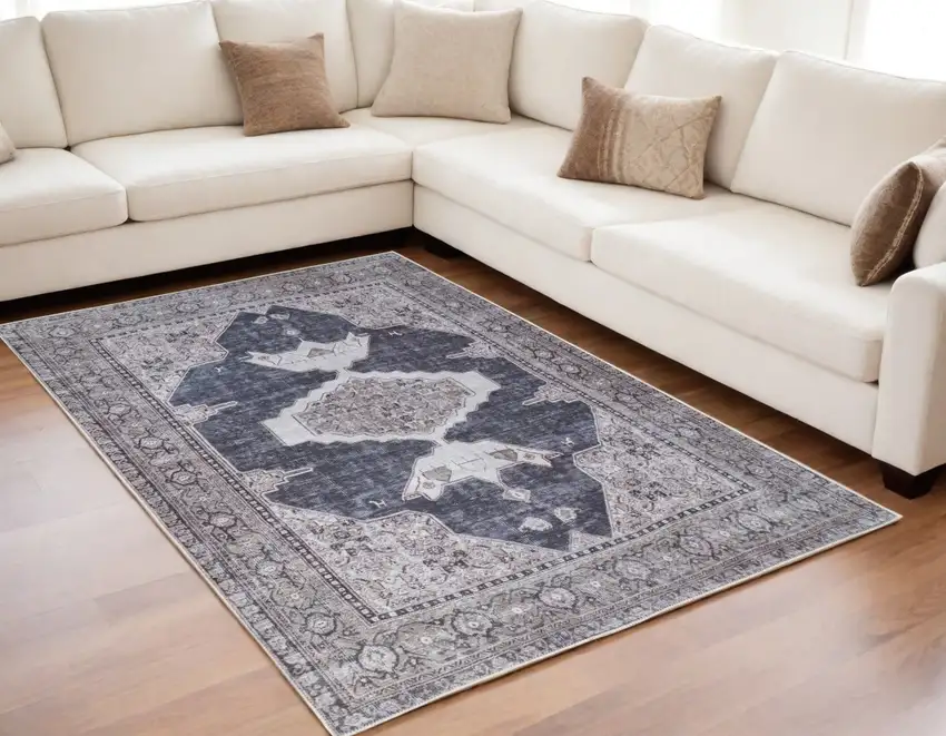 Gray Taupe and Ivory Oriental Power Loom Washable Area Rug Photo 1
