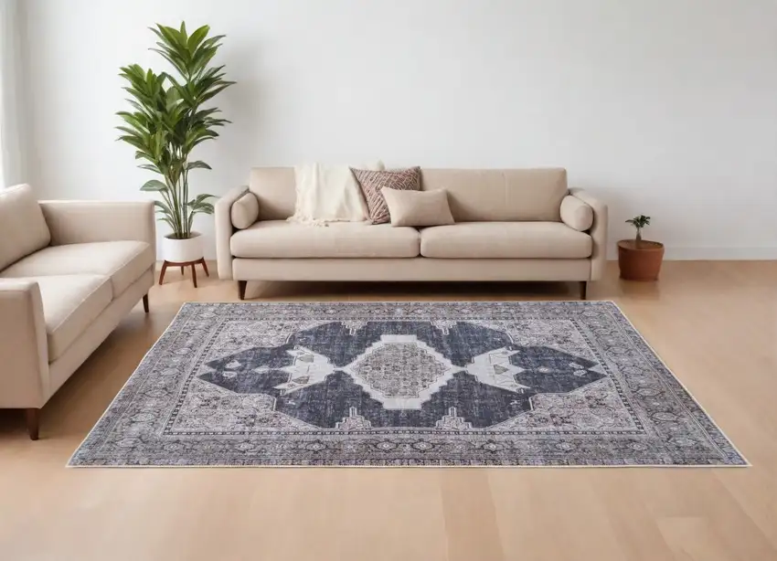 Gray Taupe and Ivory Oriental Power Loom Washable Area Rug Photo 1