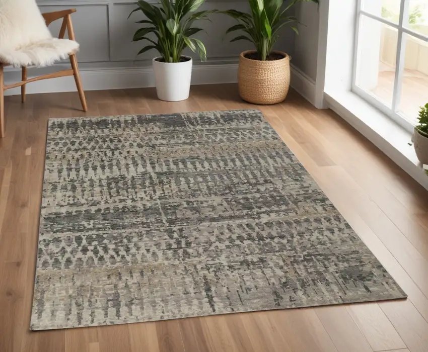 Gray Taupe and Ivory Wool Abstract Hand Knotted Area Rug Photo 1