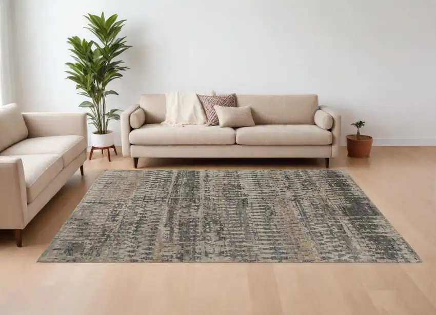 Gray Taupe and Ivory Wool Abstract Hand Knotted Area Rug Photo 1