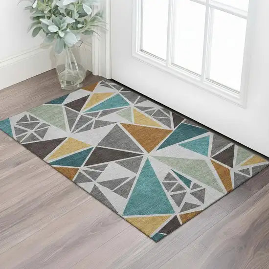 Gray Teal And Copper Geometric Washable Area Rug With UV Protection Photo 2