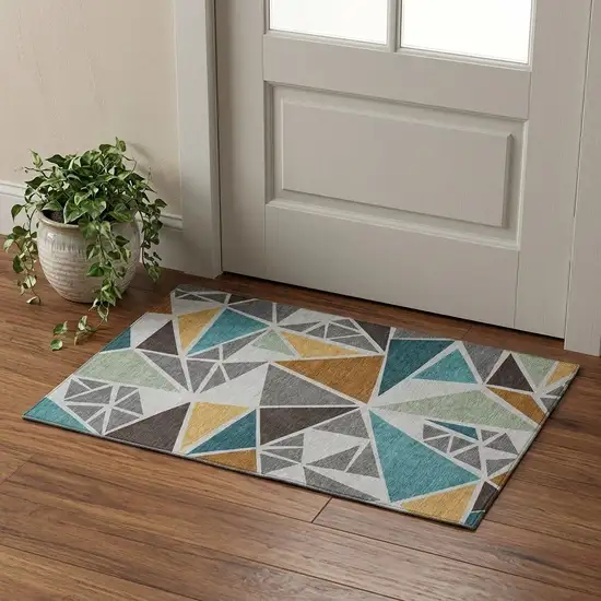 Gray Teal And Copper Geometric Washable Area Rug With UV Protection Photo 1