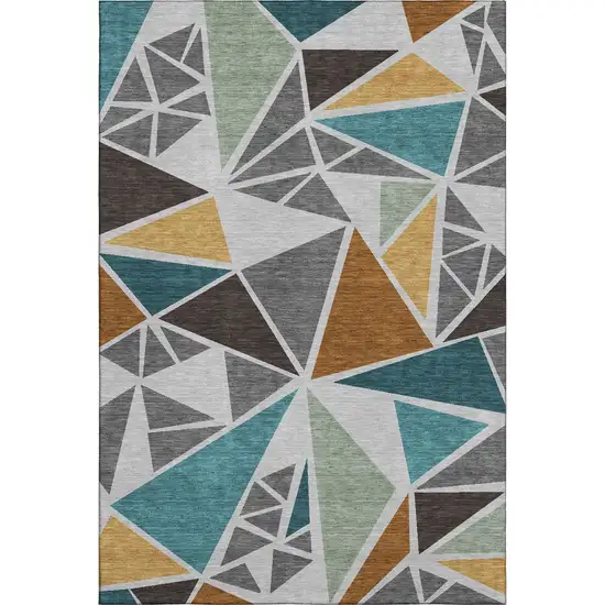 Gray Teal And Copper Geometric Washable Area Rug With UV Protection Photo 1