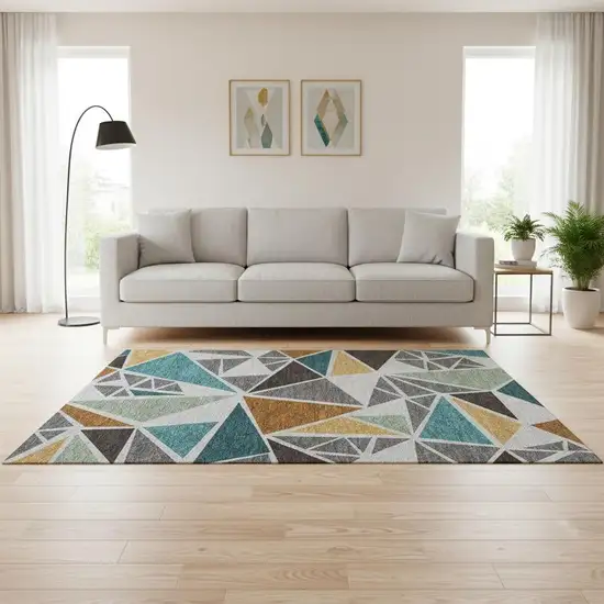 Gray Teal And Copper Geometric Washable Area Rug With UV Protection Photo 2