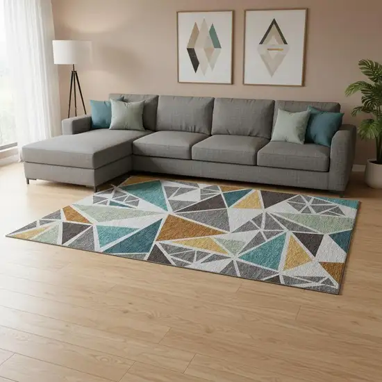 Gray Teal And Copper Geometric Washable Area Rug With UV Protection Photo 2