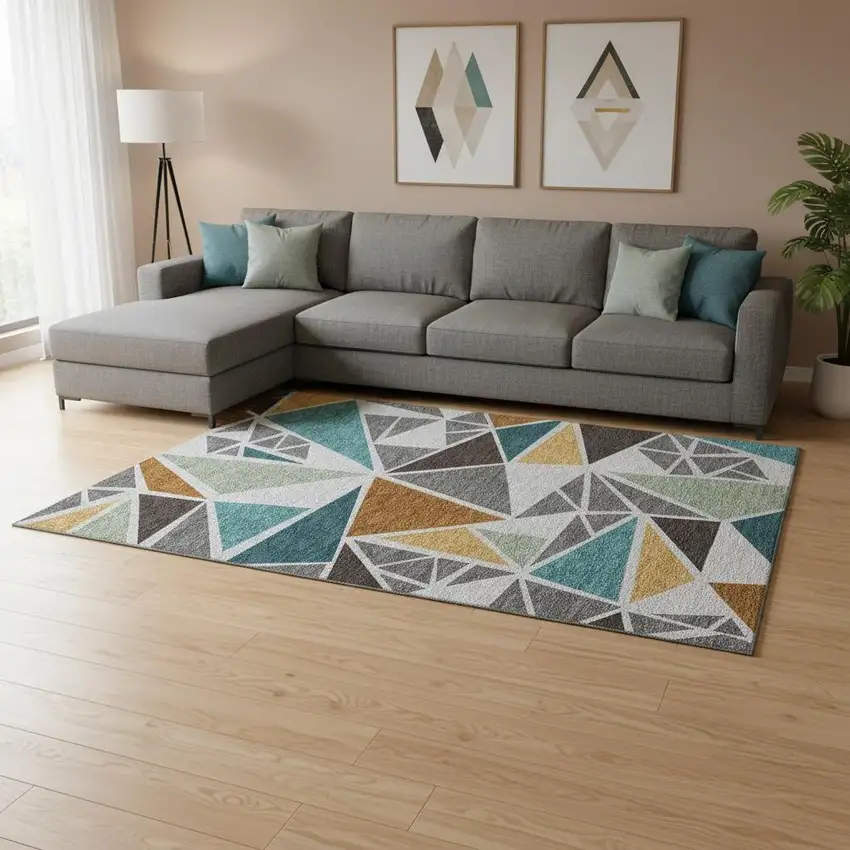 Gray Teal And Copper Geometric Washable Area Rug With UV Protection Photo 2