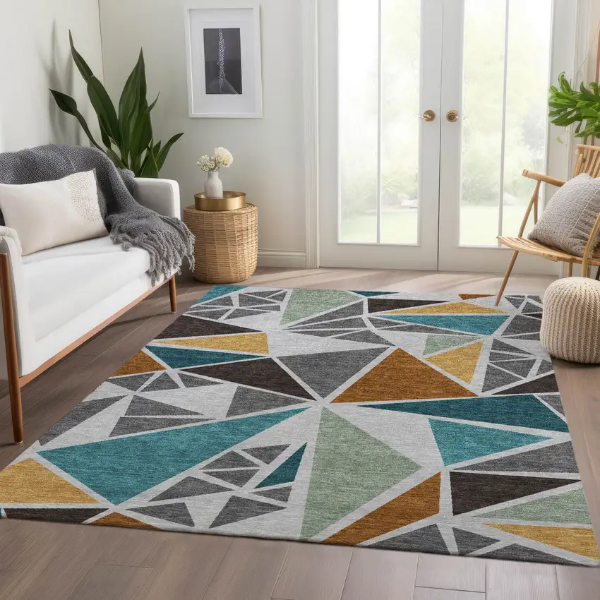 Gray Teal And Copper Geometric Washable Area Rug With UV Protection Photo 5