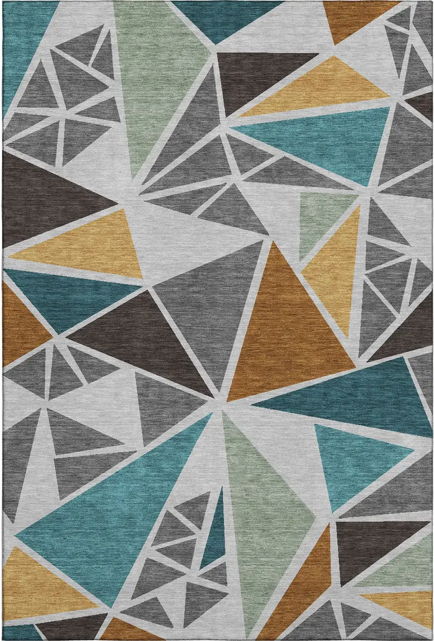 Gray Teal And Copper Geometric Washable Area Rug With UV Protection Photo 1