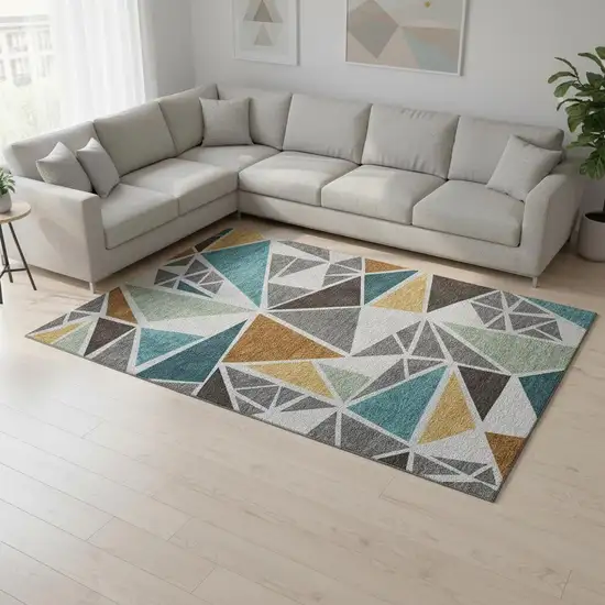 Gray Teal And Copper Geometric Washable Area Rug With UV Protection Photo 2