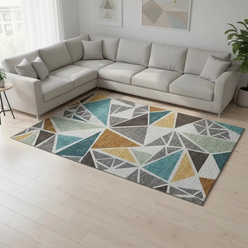 Gray Teal And Copper Geometric Washable Area Rug With UV Protection Photo 2