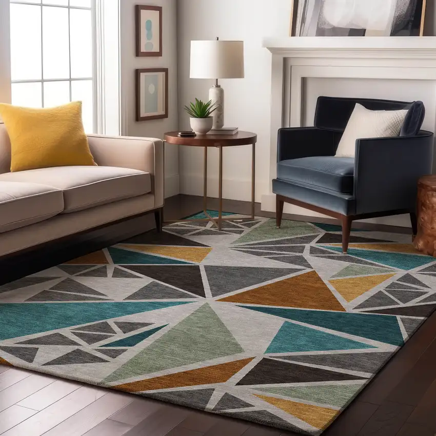 Gray Teal And Copper Geometric Washable Area Rug With UV Protection Photo 4