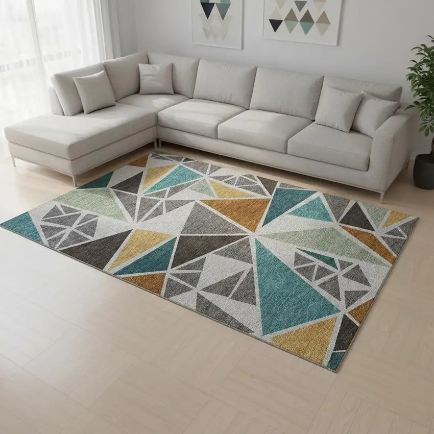 Gray Teal And Copper Geometric Washable Area Rug With UV Protection Photo 2