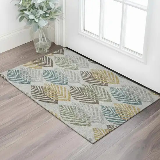Gray Teal And Gold Floral Washable Area Rug With UV Protection Photo 1