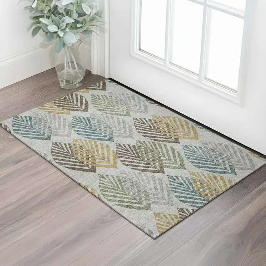 Gray Teal And Gold Floral Washable Area Rug With UV Protection Photo 1