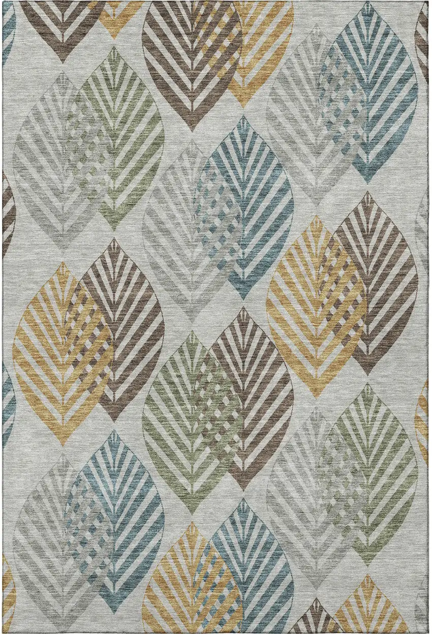 Gray Teal And Gold Floral Washable Area Rug With UV Protection Photo 4