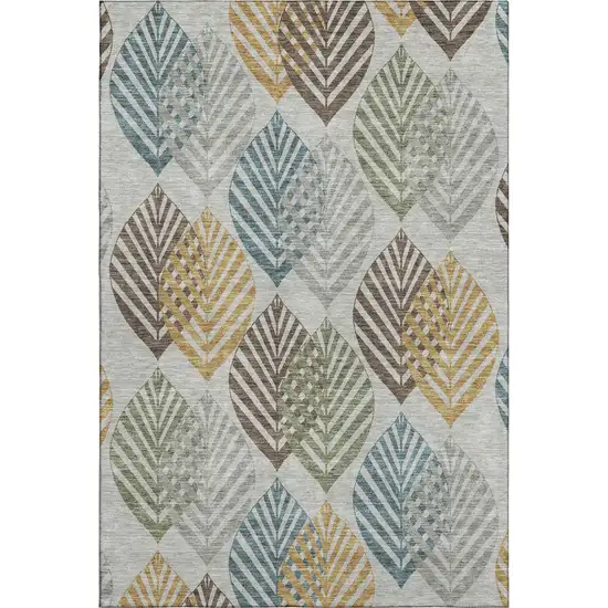 Gray Teal And Gold Floral Washable Area Rug With UV Protection Photo 1