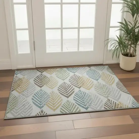 Gray Teal And Gold Floral Washable Area Rug With UV Protection Photo 2