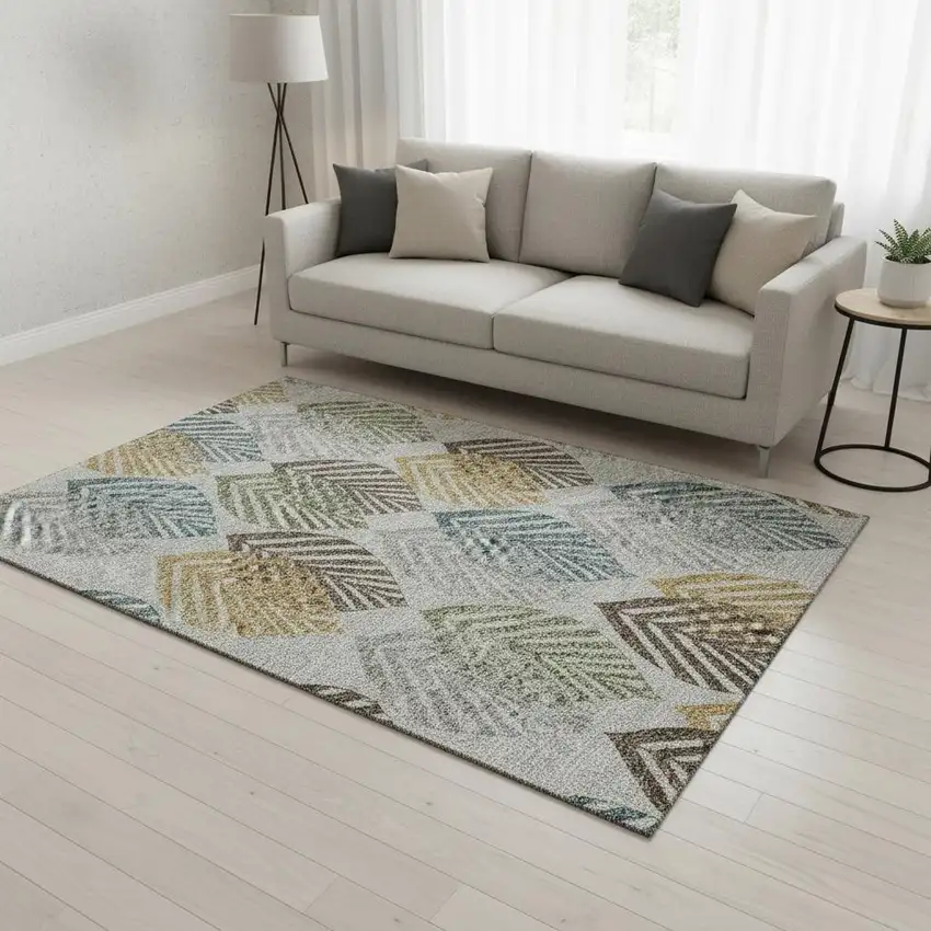 Gray Teal And Gold Floral Washable Area Rug With UV Protection Photo 2